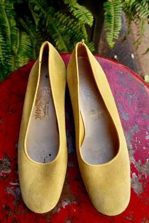 1970's Ferragamo Pear Yellow Suede Pumps - SOLD