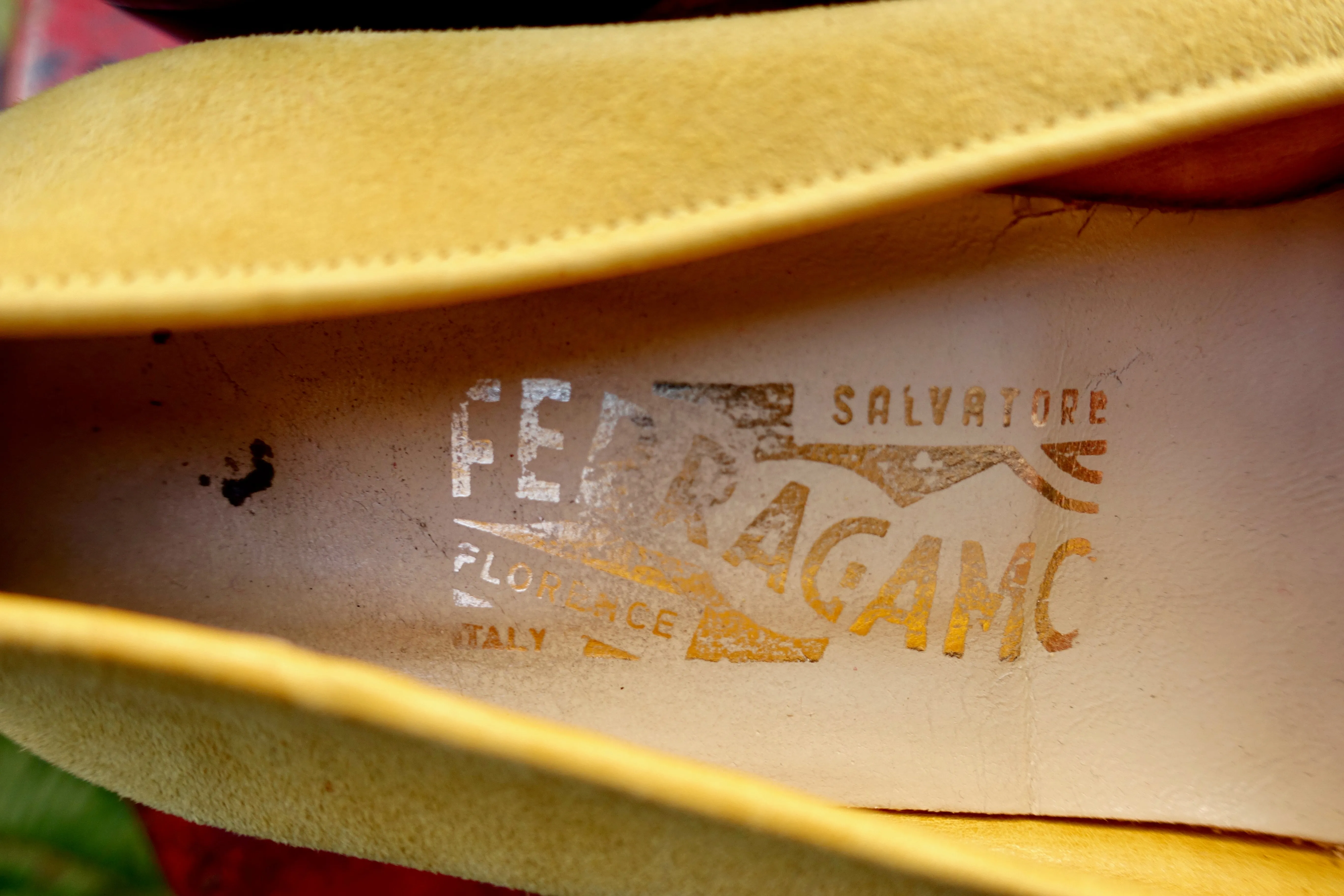 1970's Ferragamo Pear Yellow Suede Pumps - SOLD