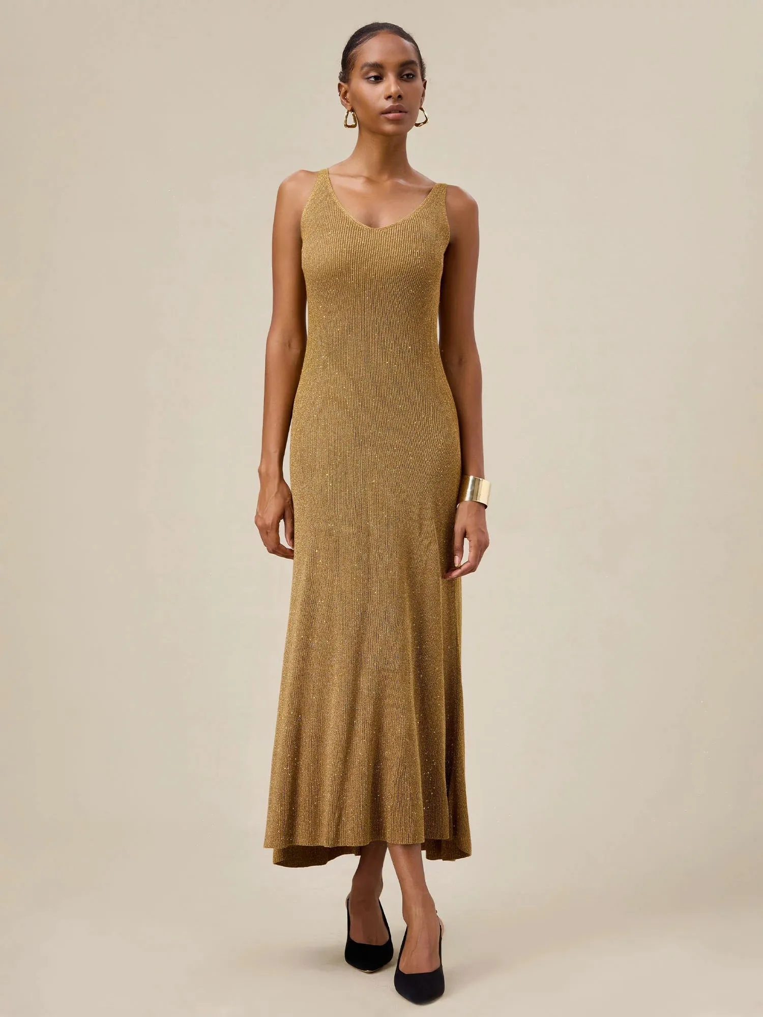 Amoretu V-Neck Halter Metallic Maxi Dress