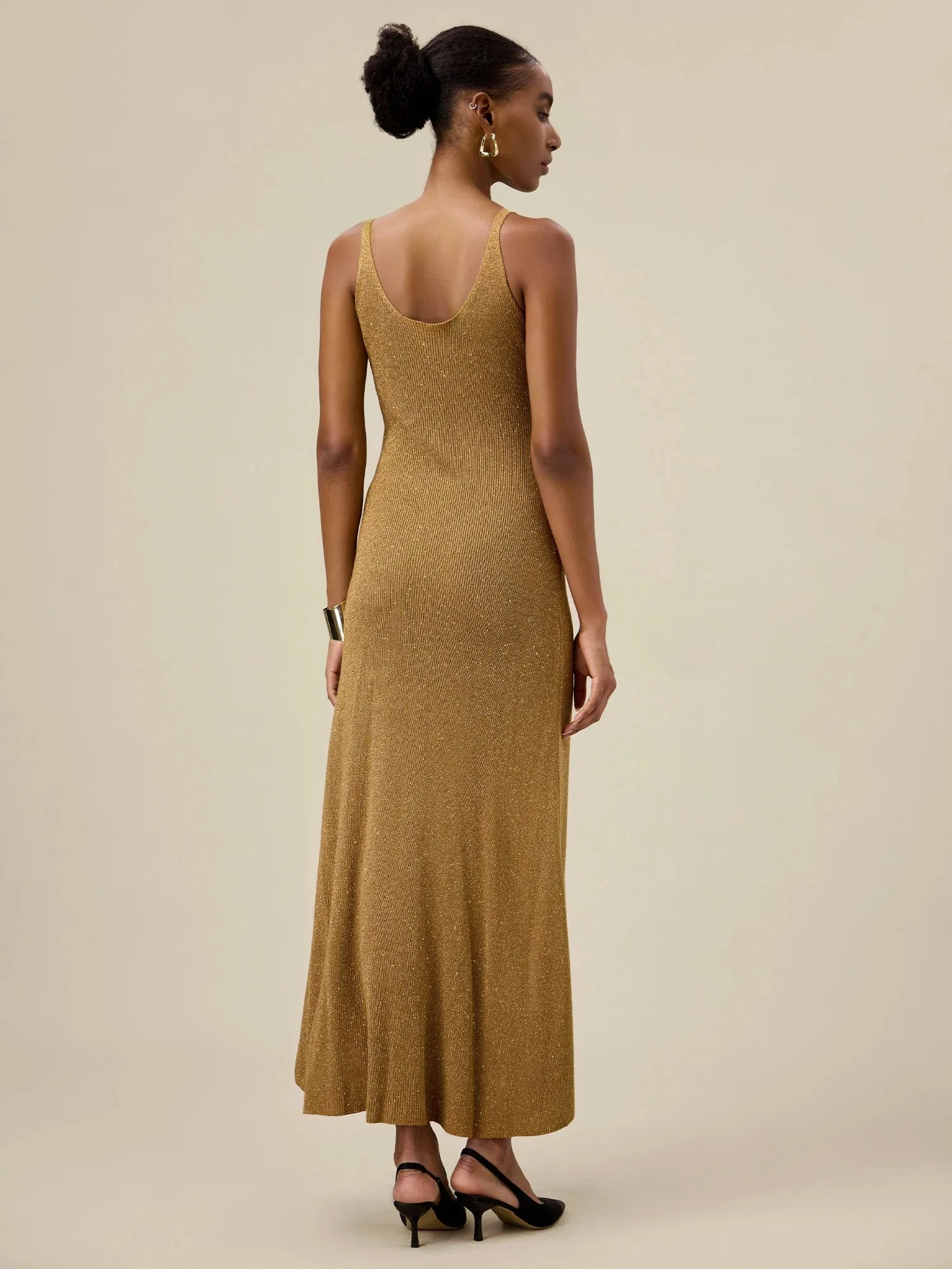 Amoretu V-Neck Halter Metallic Maxi Dress