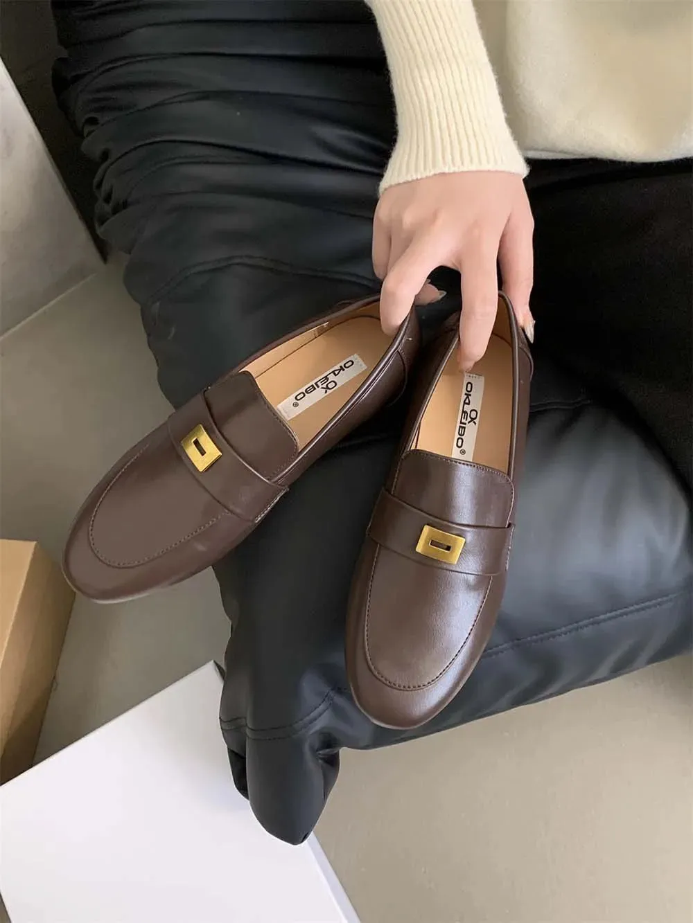 binfenxie  -  Round Toe Women Loafers Metal Chain Shallow Slip On Casual Daily Shoes Black Beige Brown Khaki Dress Shoes Woman Size 35-39 Pump