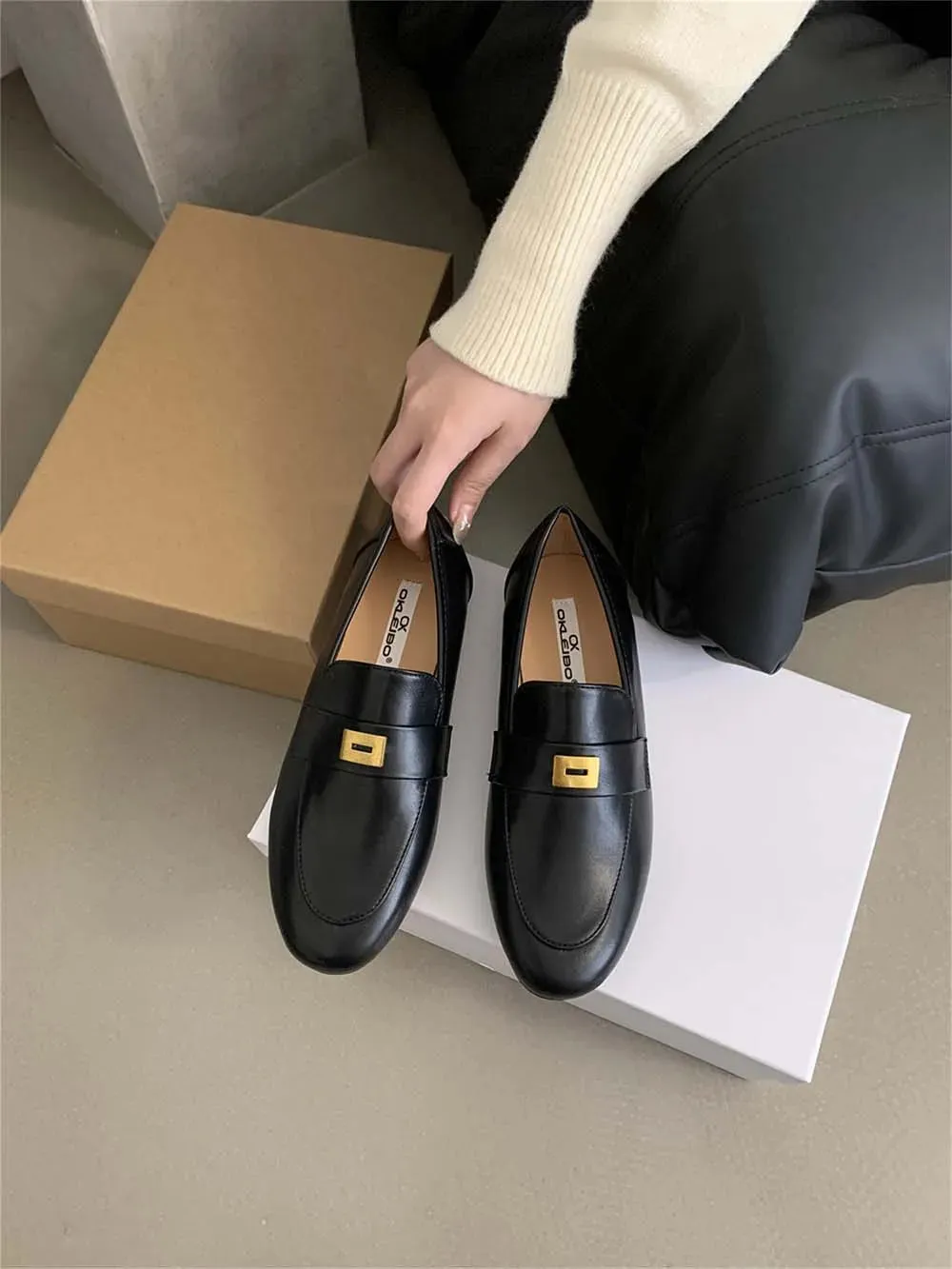 binfenxie  -  Round Toe Women Loafers Metal Chain Shallow Slip On Casual Daily Shoes Black Beige Brown Khaki Dress Shoes Woman Size 35-39 Pump