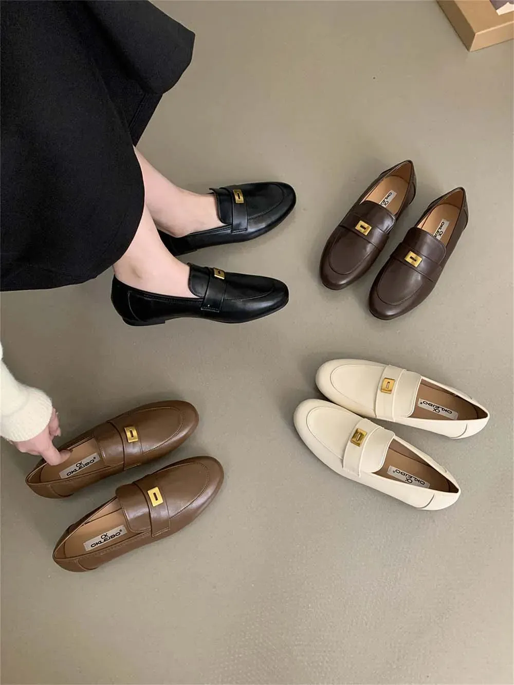 binfenxie  -  Round Toe Women Loafers Metal Chain Shallow Slip On Casual Daily Shoes Black Beige Brown Khaki Dress Shoes Woman Size 35-39 Pump