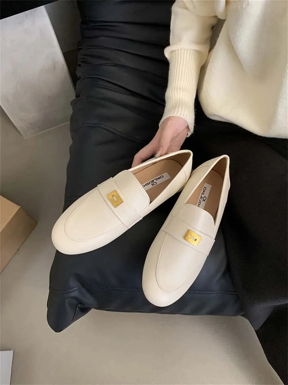 binfenxie  -  Round Toe Women Loafers Metal Chain Shallow Slip On Casual Daily Shoes Black Beige Brown Khaki Dress Shoes Woman Size 35-39 Pump