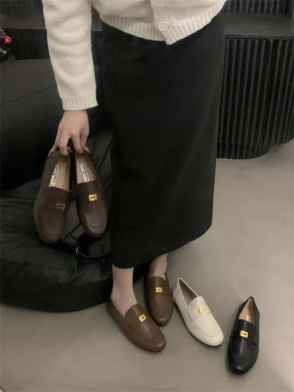 binfenxie  -  Round Toe Women Loafers Metal Chain Shallow Slip On Casual Daily Shoes Black Beige Brown Khaki Dress Shoes Woman Size 35-39 Pump