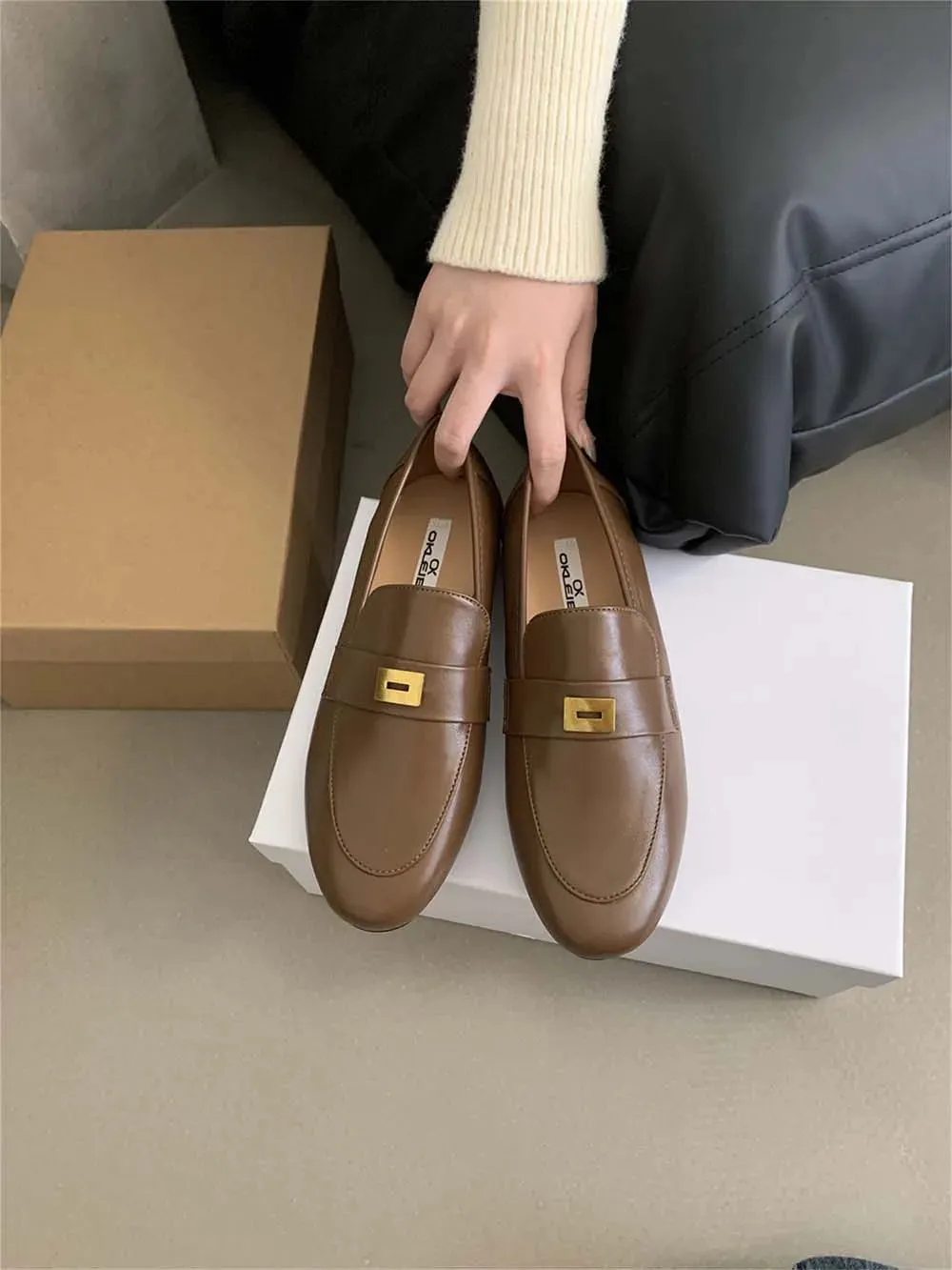binfenxie  -  Round Toe Women Loafers Metal Chain Shallow Slip On Casual Daily Shoes Black Beige Brown Khaki Dress Shoes Woman Size 35-39 Pump