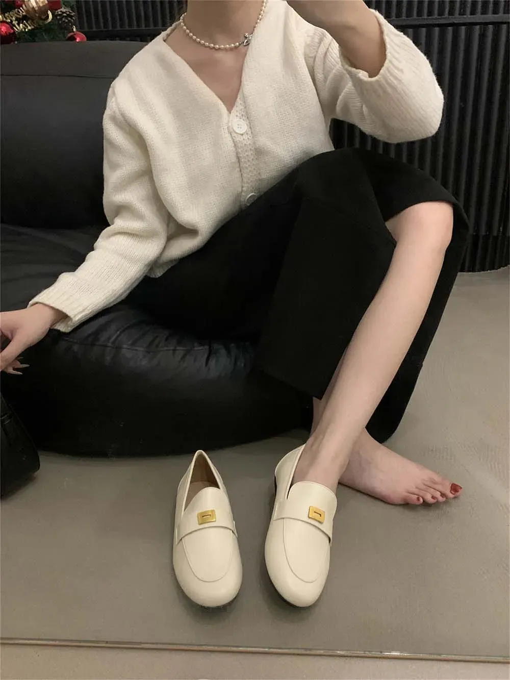 binfenxie  -  Round Toe Women Loafers Metal Chain Shallow Slip On Casual Daily Shoes Black Beige Brown Khaki Dress Shoes Woman Size 35-39 Pump