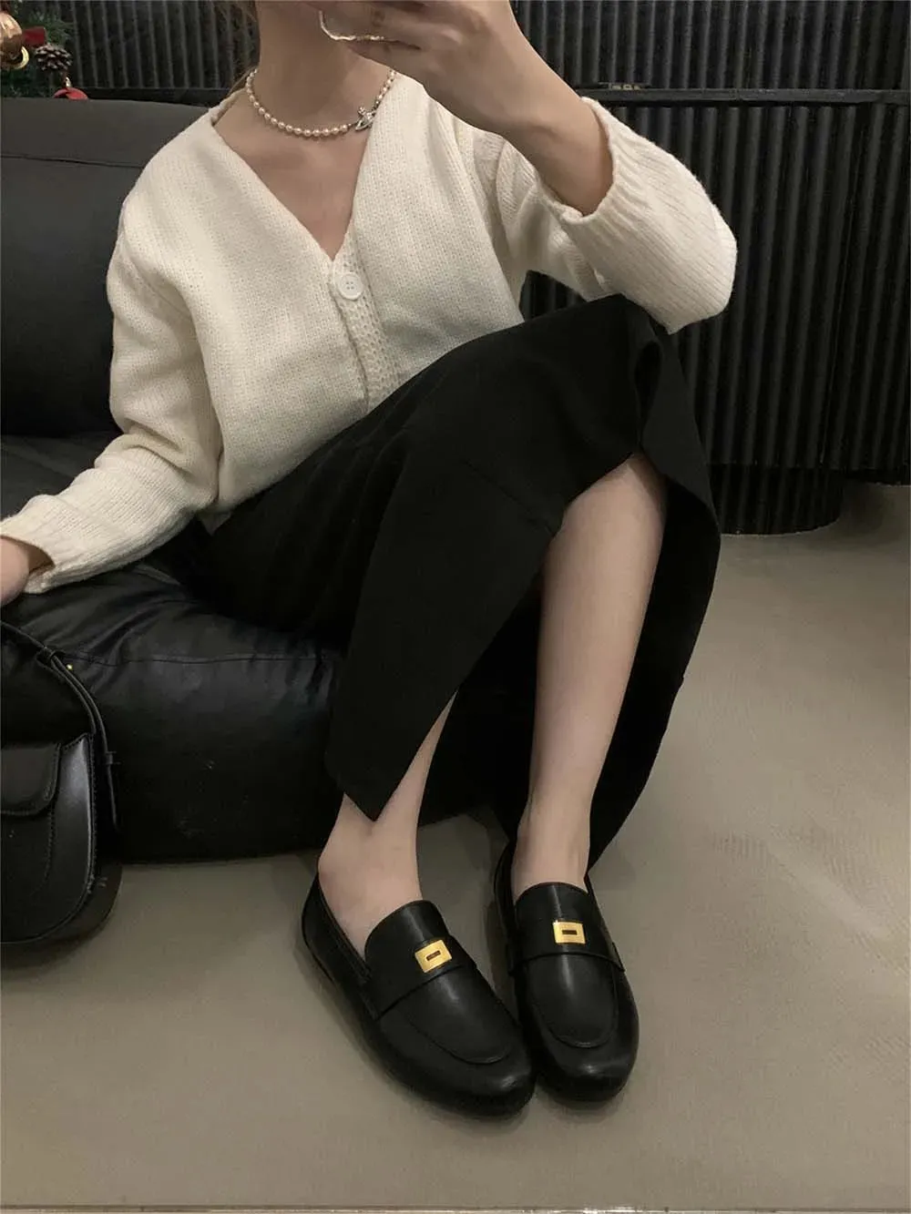 binfenxie  -  Round Toe Women Loafers Metal Chain Shallow Slip On Casual Daily Shoes Black Beige Brown Khaki Dress Shoes Woman Size 35-39 Pump