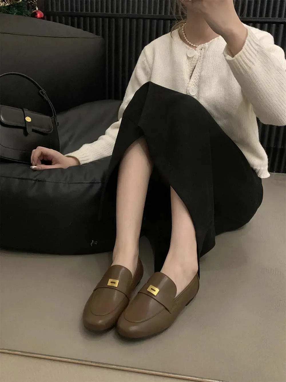 binfenxie  -  Round Toe Women Loafers Metal Chain Shallow Slip On Casual Daily Shoes Black Beige Brown Khaki Dress Shoes Woman Size 35-39 Pump