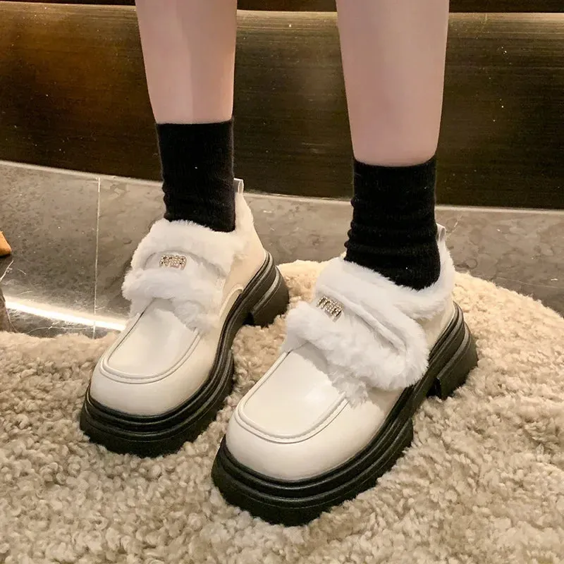 binfenxie  -  Winter Warm PU Leather Platform Shoes for Women Fashion Casual New Designer Loafers Ladies Black White British Pump Shoes Woman