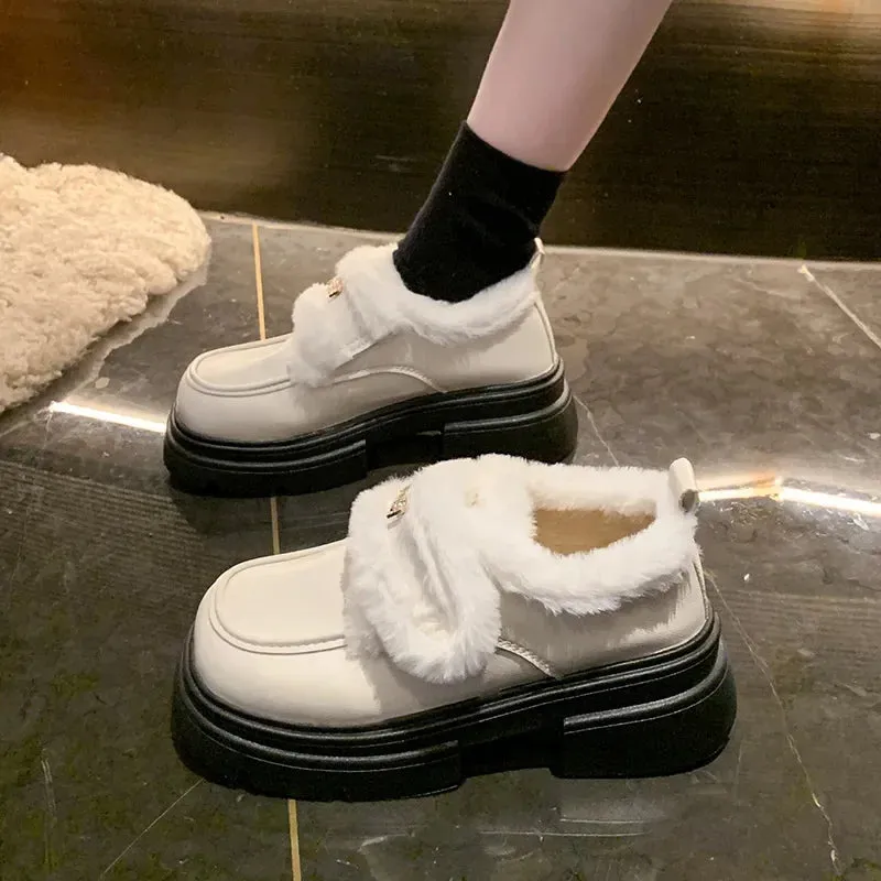 binfenxie  -  Winter Warm PU Leather Platform Shoes for Women Fashion Casual New Designer Loafers Ladies Black White British Pump Shoes Woman
