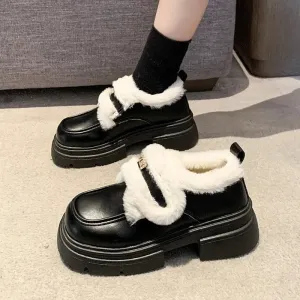 binfenxie  -  Winter Warm PU Leather Platform Shoes for Women Fashion Casual New Designer Loafers Ladies Black White British Pump Shoes Woman
