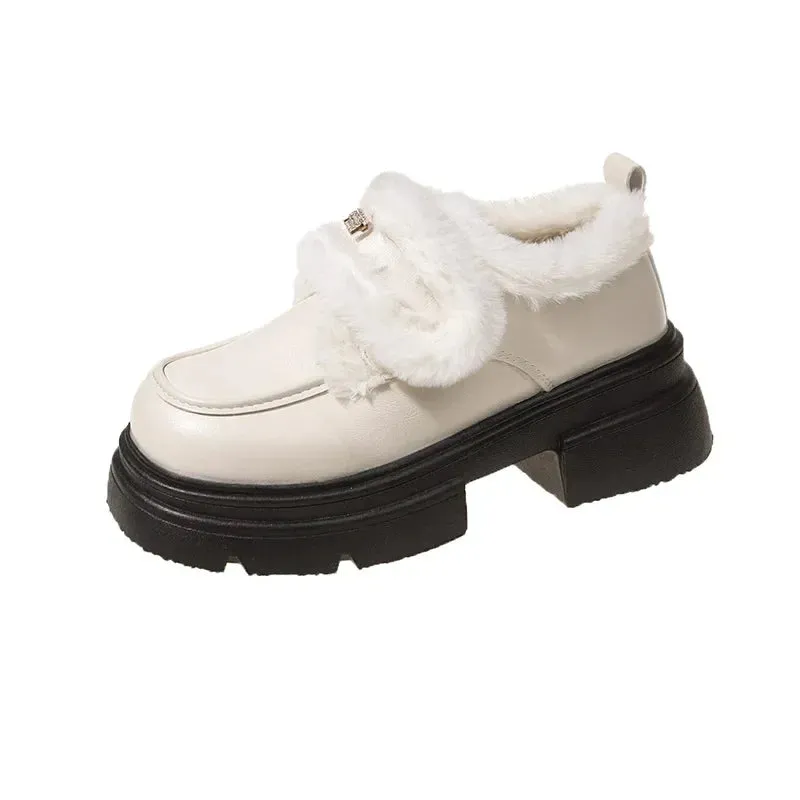 binfenxie  -  Winter Warm PU Leather Platform Shoes for Women Fashion Casual New Designer Loafers Ladies Black White British Pump Shoes Woman
