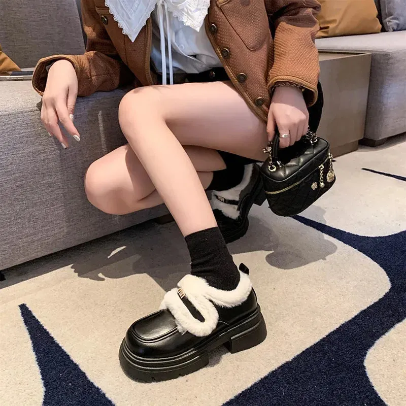 binfenxie  -  Winter Warm PU Leather Platform Shoes for Women Fashion Casual New Designer Loafers Ladies Black White British Pump Shoes Woman