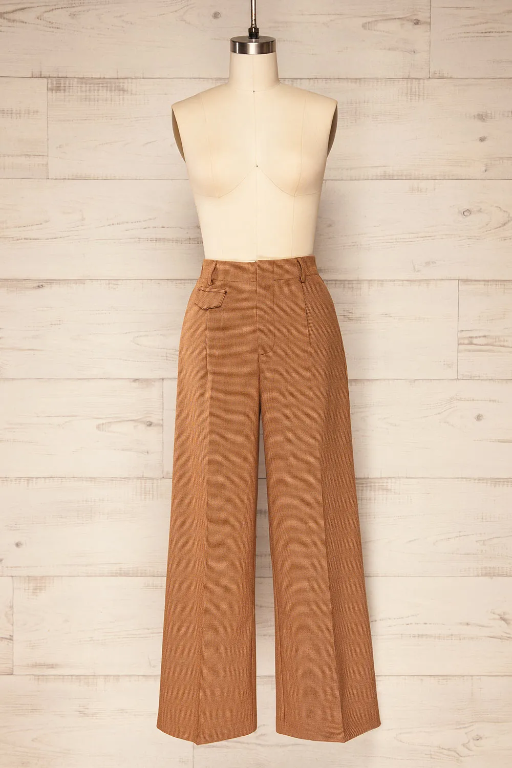 Bjork Caramel | Plaid High-Waisted Straight Leg Pants