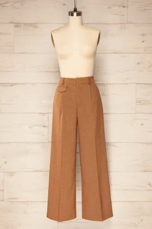 Bjork Caramel | Plaid High-Waisted Straight Leg Pants