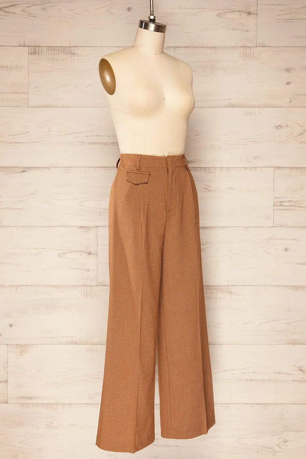 Bjork Caramel | Plaid High-Waisted Straight Leg Pants