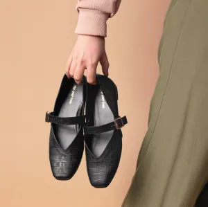 Black textured Mary Jane Flats