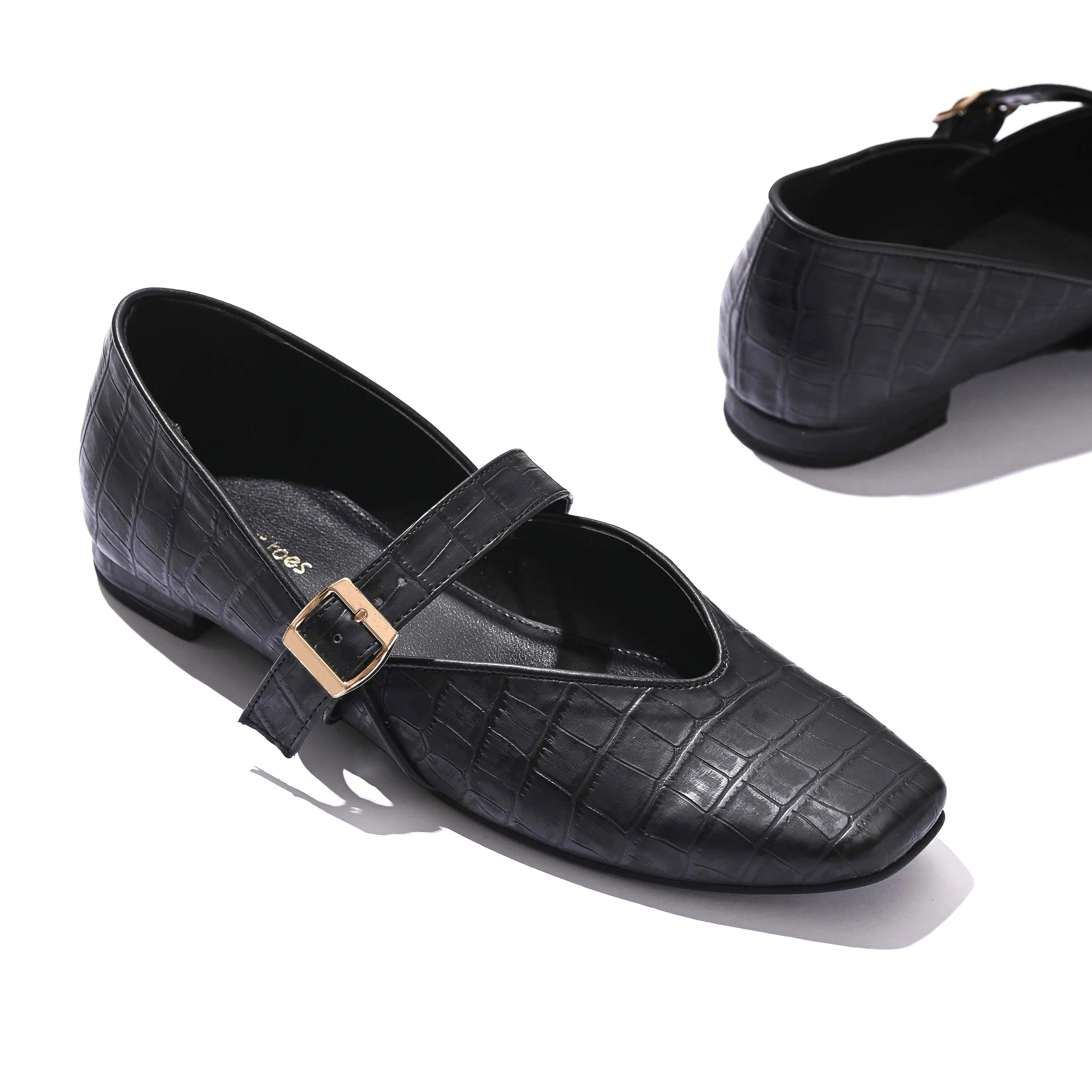 Black textured Mary Jane Flats