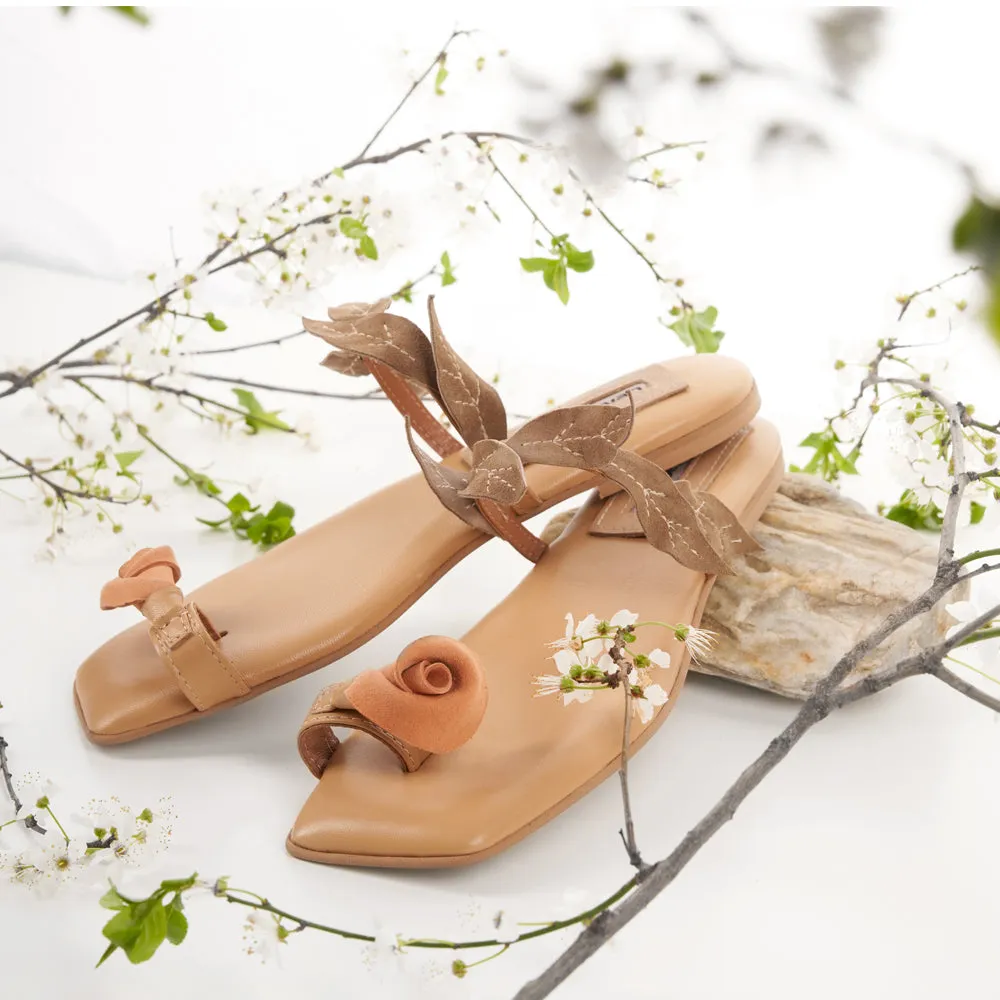 Blooming Garden beige suede flat sandals