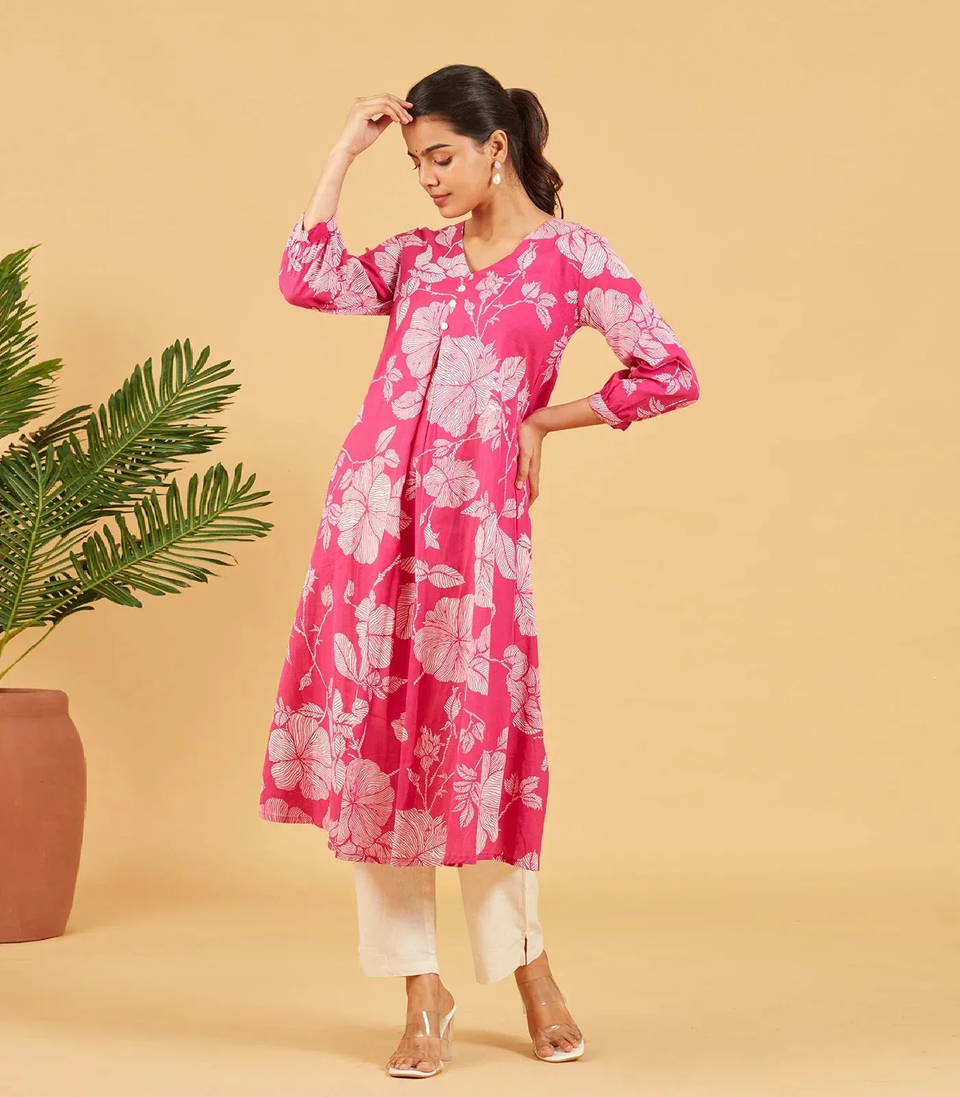 Bright Pink Floral Printed Cotton Kurta Set