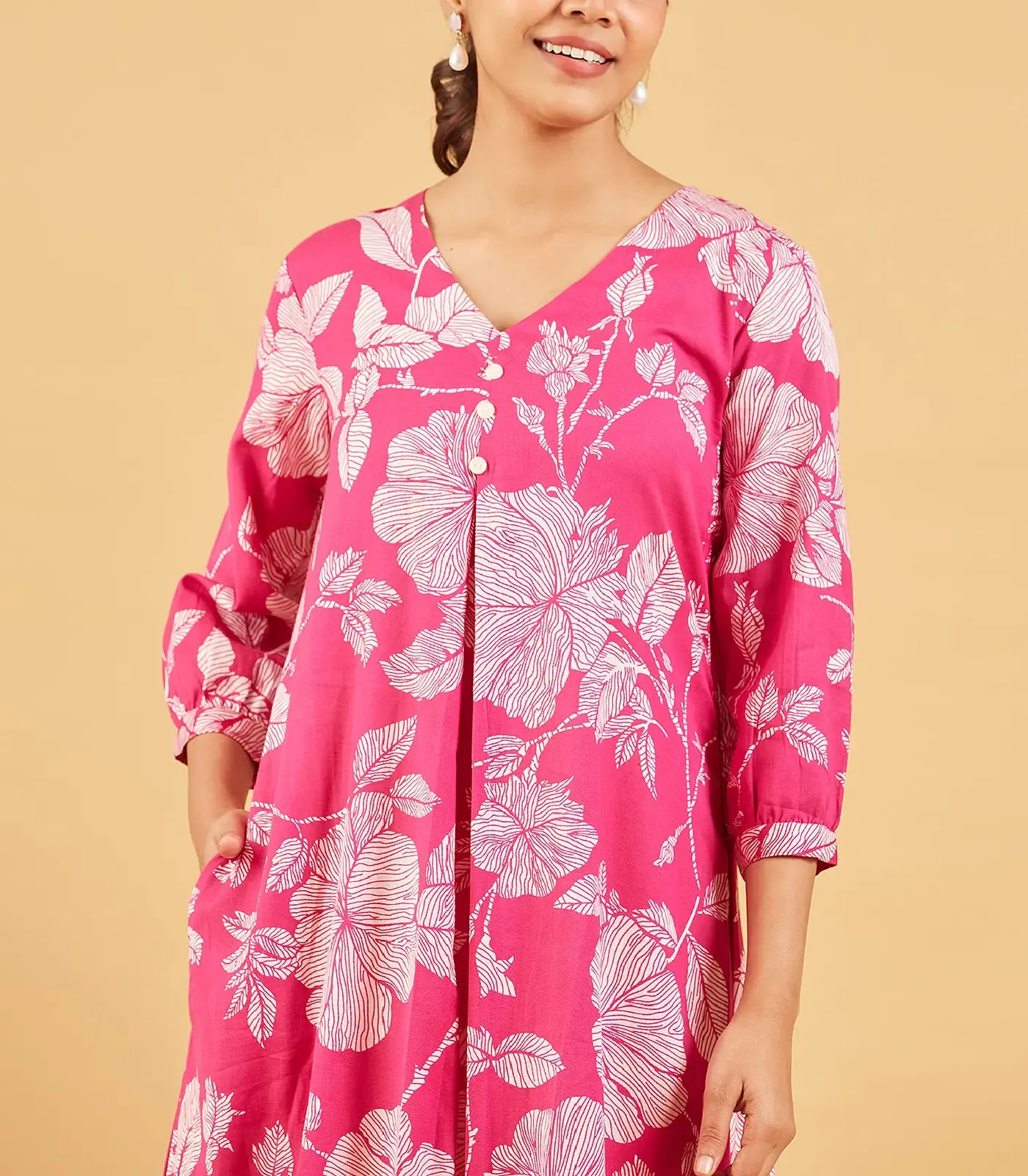 Bright Pink Floral Printed Cotton Kurta Set