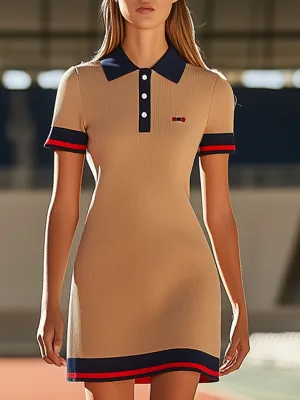 Casual Loose Red Trim Knitted Polo Neck Short Sleeve Sports Mini Dress