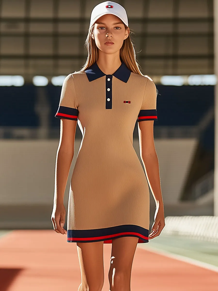 Casual Loose Red Trim Knitted Polo Neck Short Sleeve Sports Mini Dress