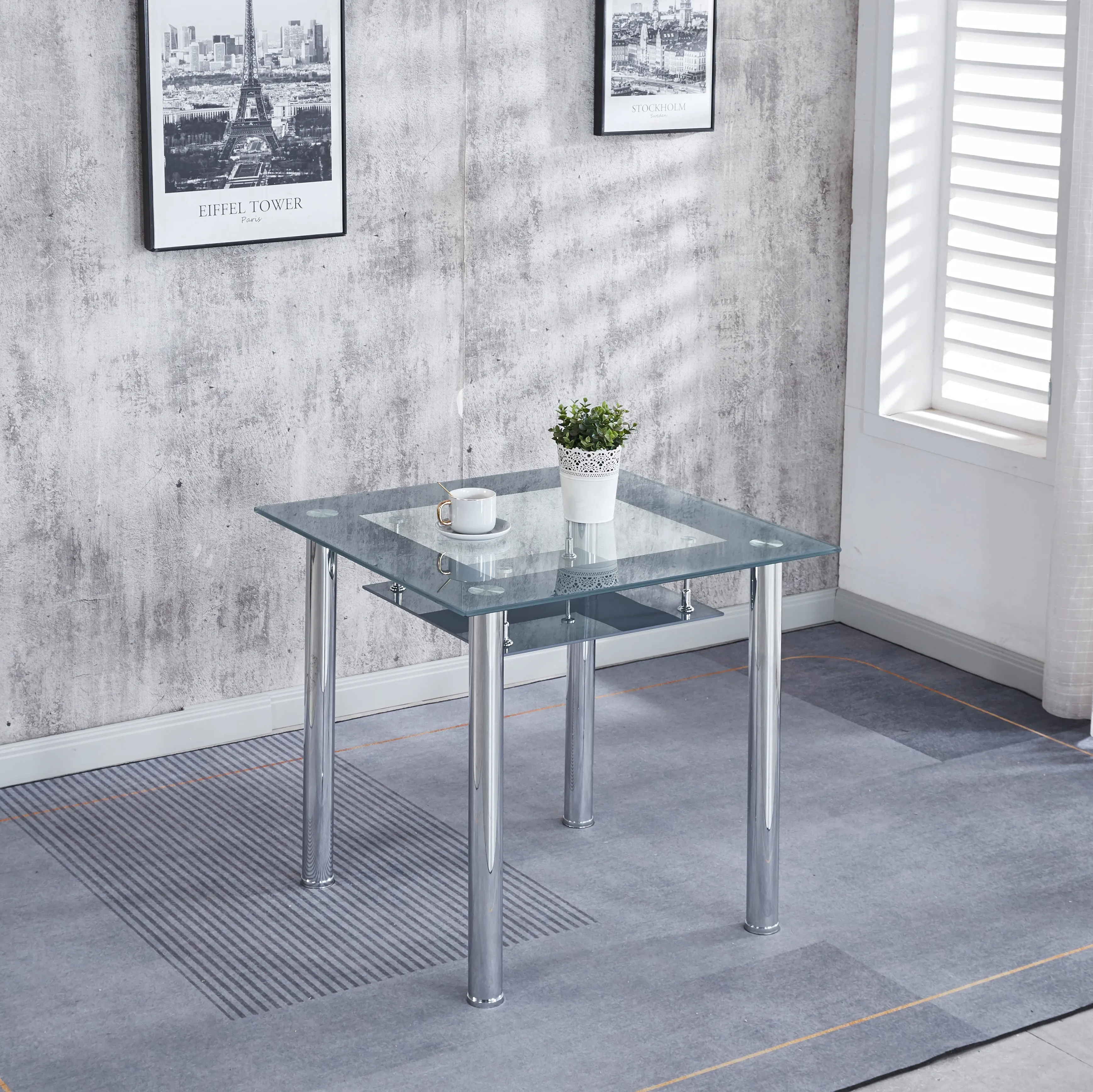 Compact Dining Table with 4 Chairs Set, Tempered Glass Table Top with Chrome Frame & Faux Leather Chairs set of 4