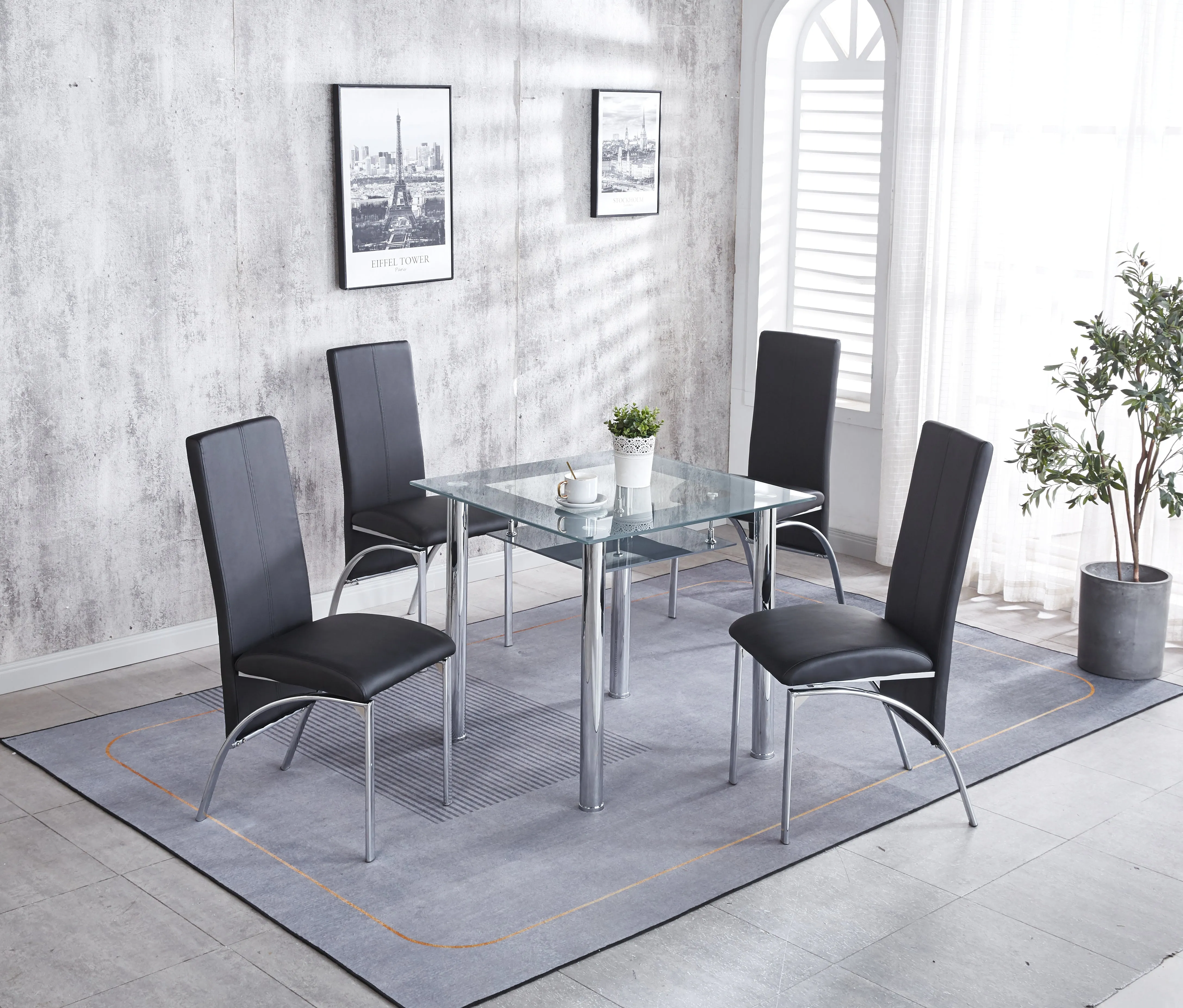 Compact Dining Table with 4 Chairs Set, Tempered Glass Table Top with Chrome Frame & Faux Leather Chairs set of 4