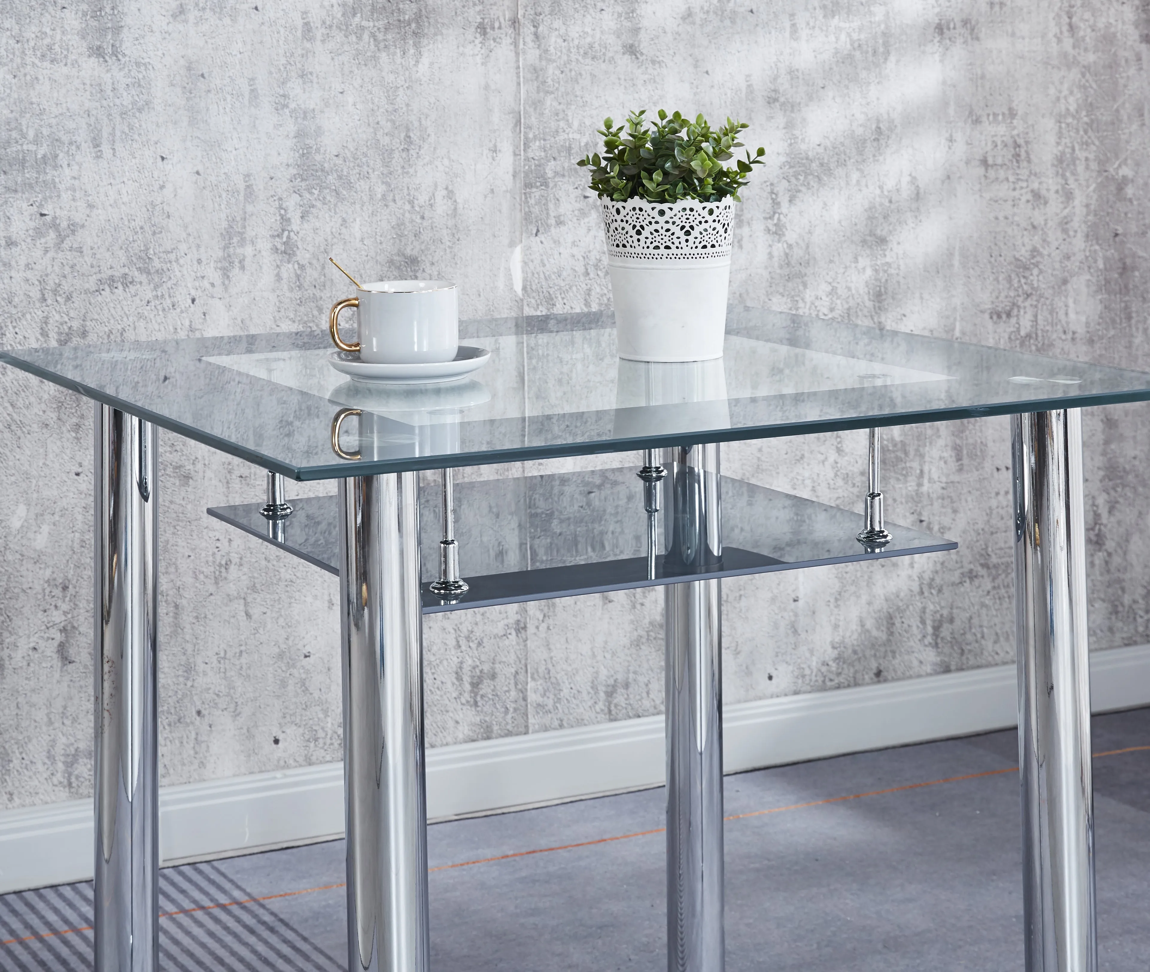 Compact Dining Table with 4 Chairs Set, Tempered Glass Table Top with Chrome Frame & Faux Leather Chairs set of 4