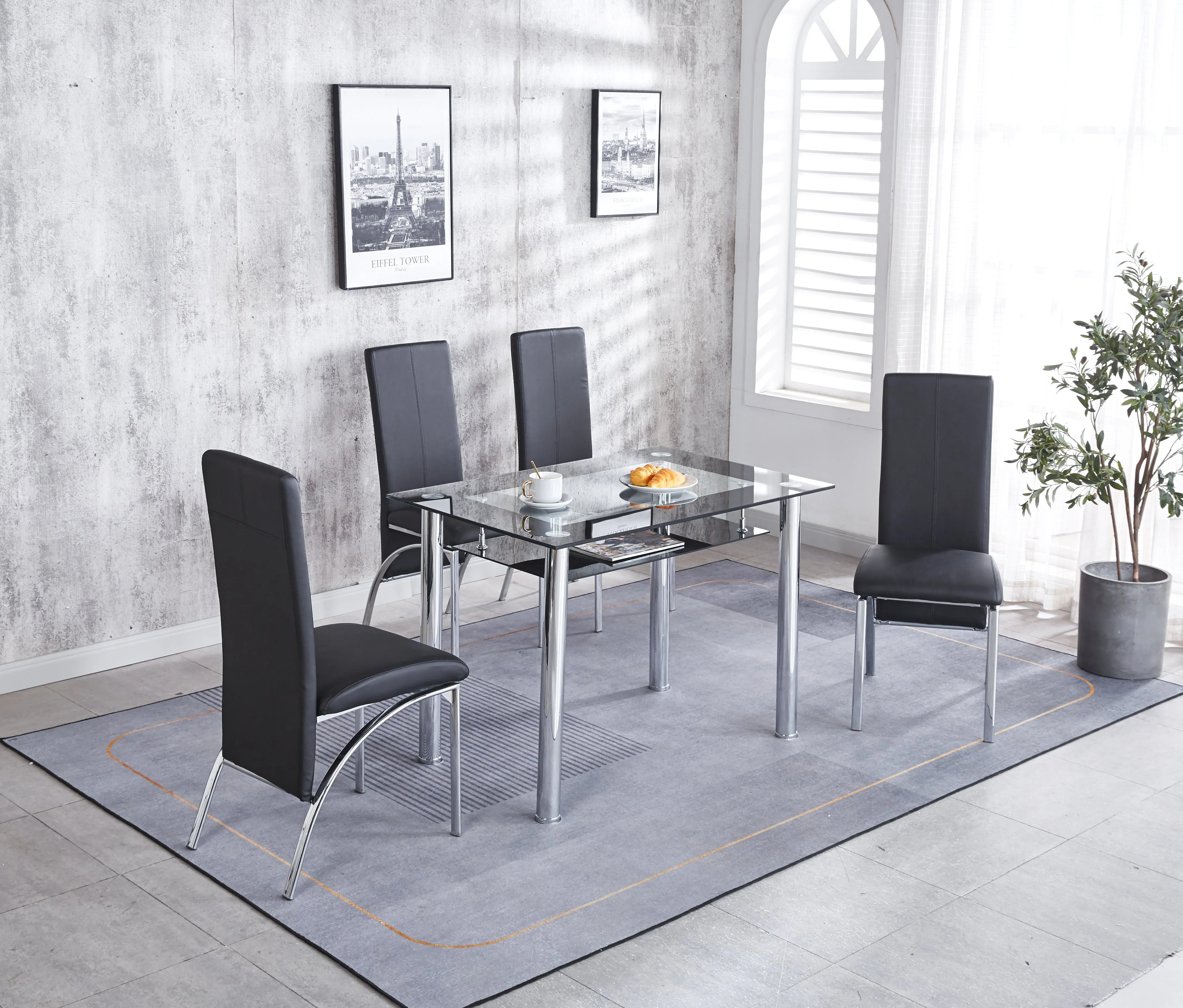 Compact Dining Table with 4 Chairs Set, Tempered Glass Table Top with Chrome Frame & Faux Leather Chairs set of 4