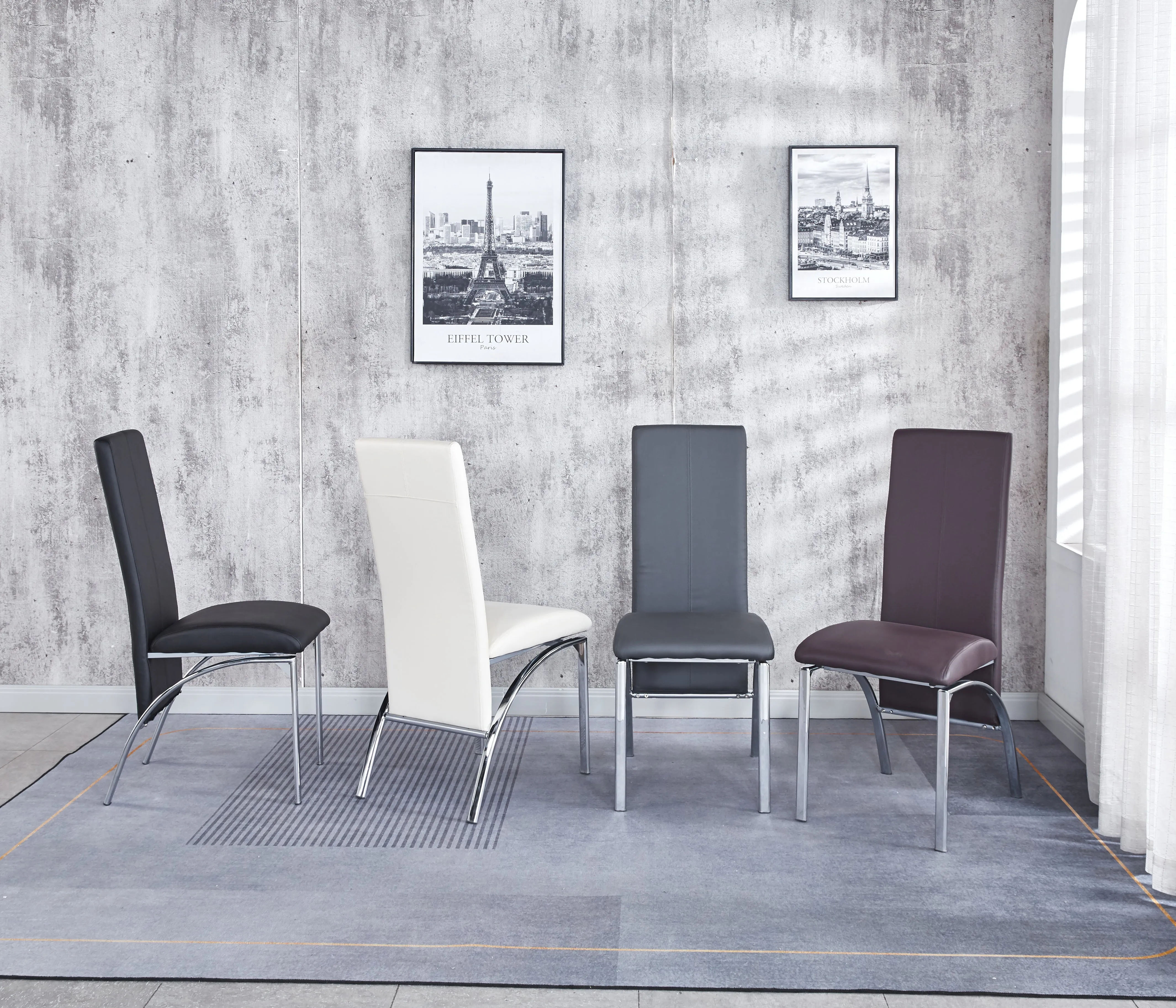 Compact Dining Table with 4 Chairs Set, Tempered Glass Table Top with Chrome Frame & Faux Leather Chairs set of 4