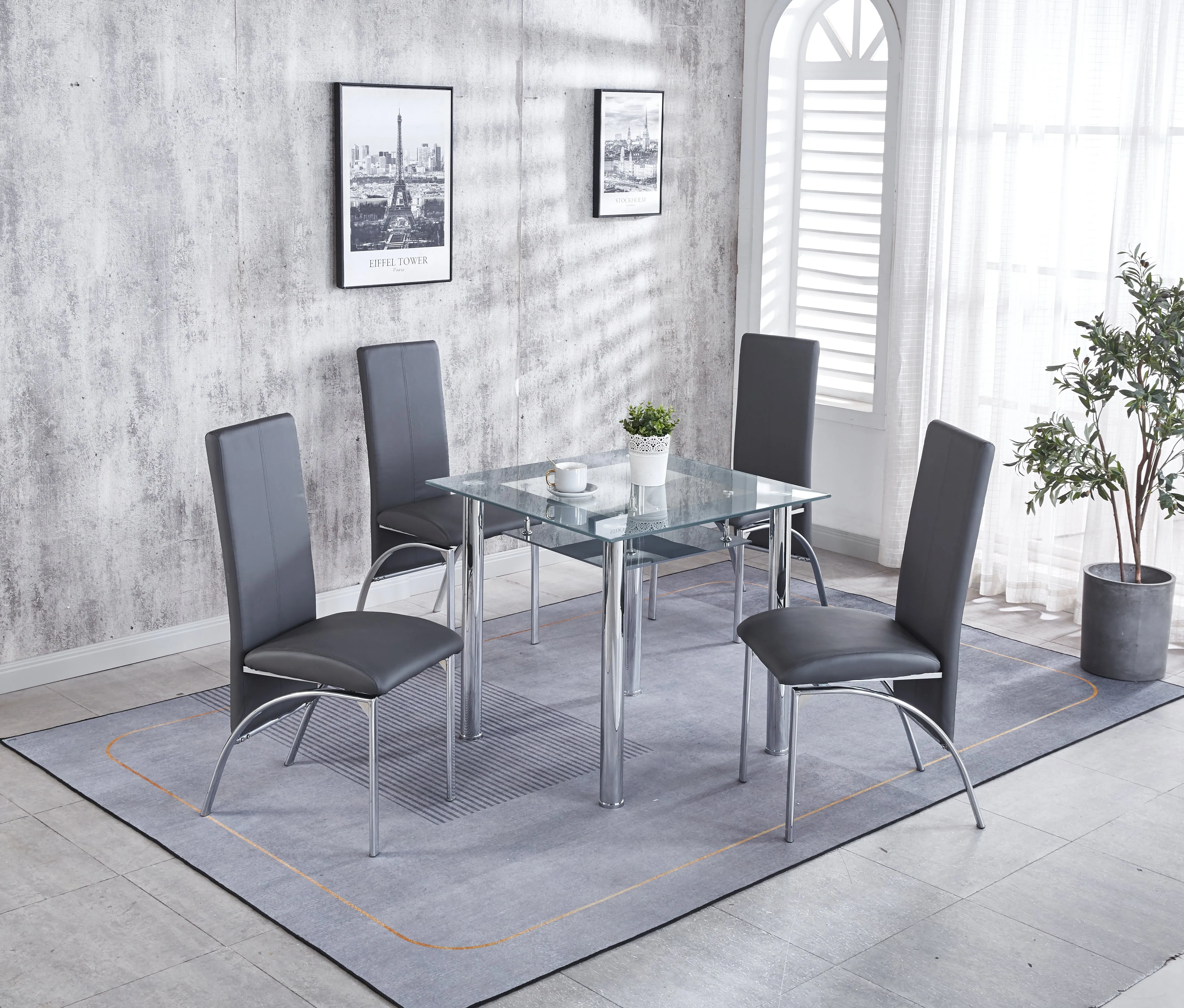 Compact Dining Table with 4 Chairs Set, Tempered Glass Table Top with Chrome Frame & Faux Leather Chairs set of 4