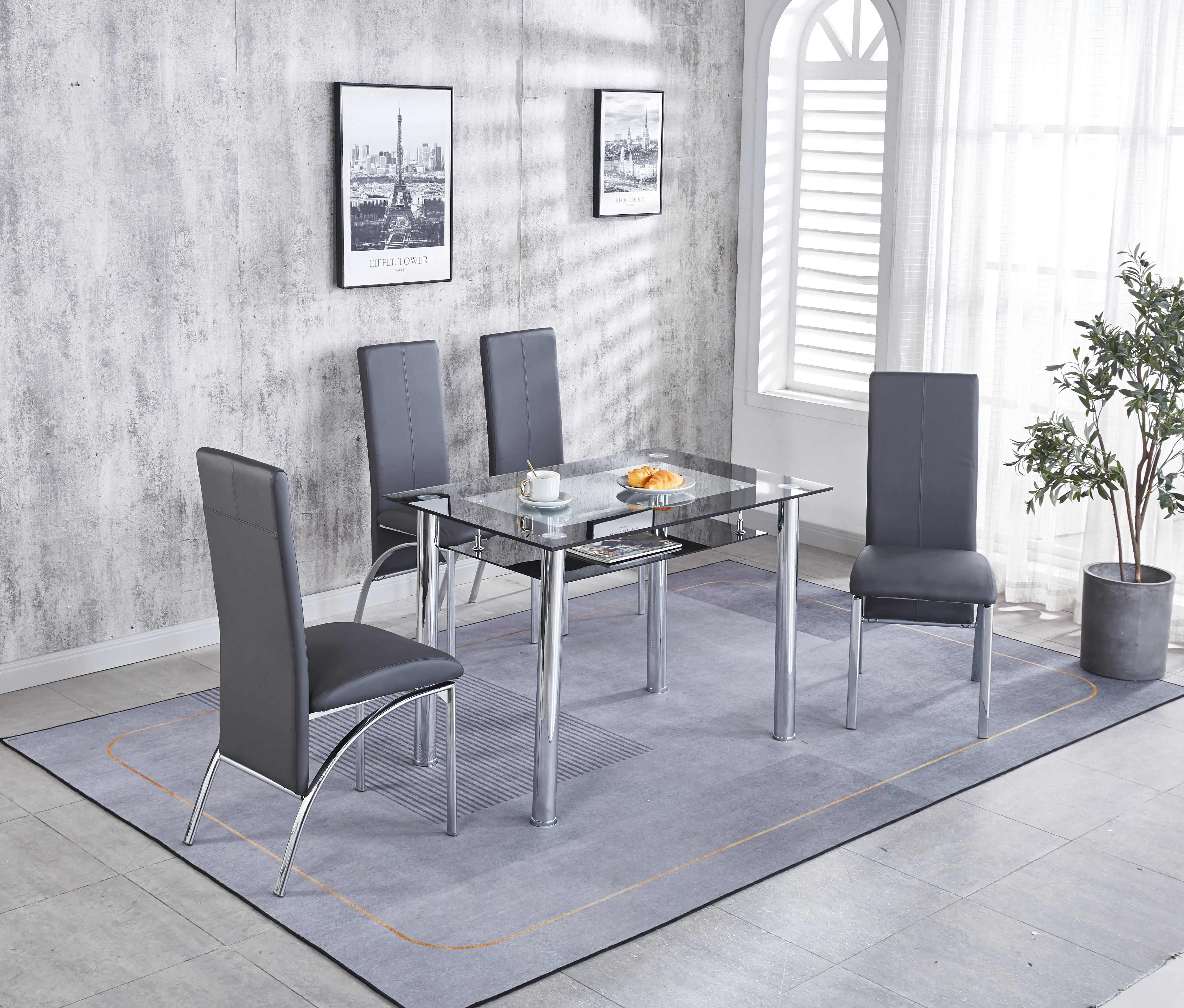 Compact Dining Table with 4 Chairs Set, Tempered Glass Table Top with Chrome Frame & Faux Leather Chairs set of 4