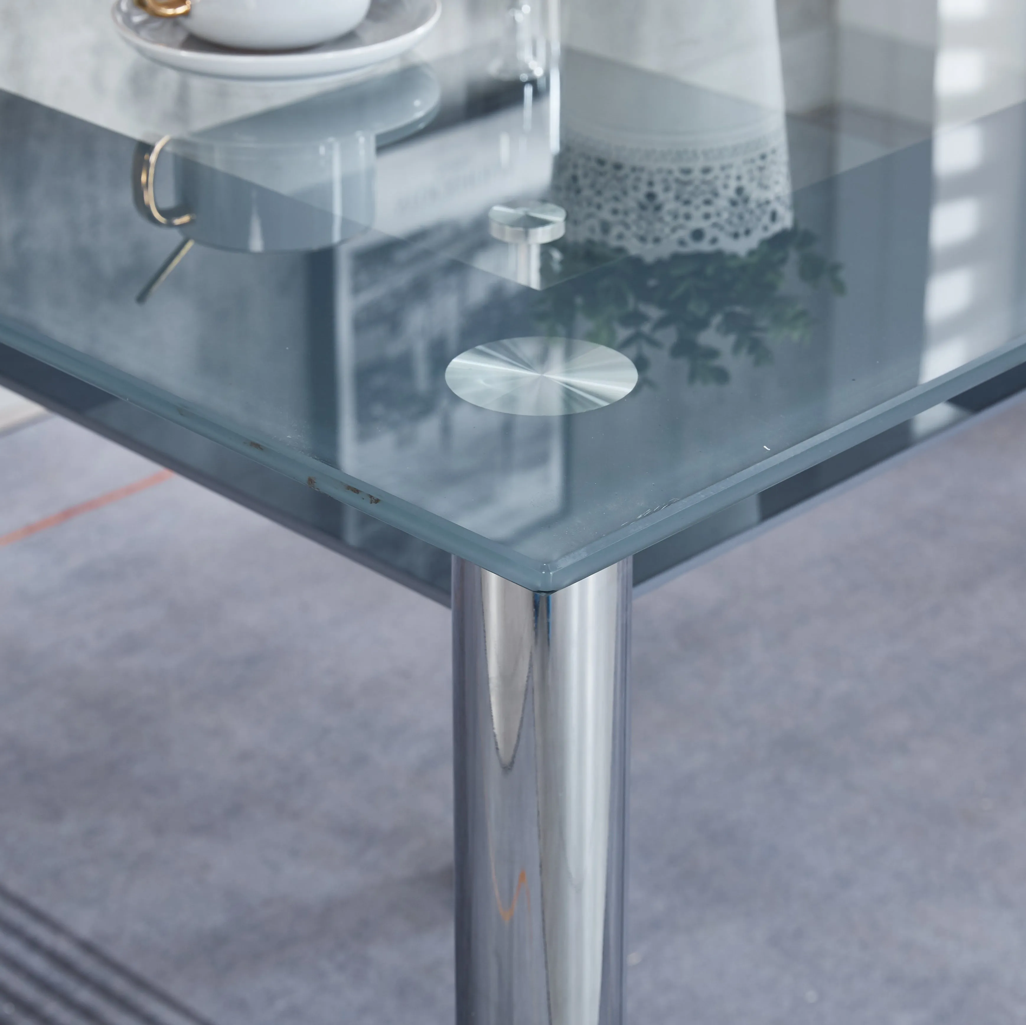 Compact Dining Table with 4 Chairs Set, Tempered Glass Table Top with Chrome Frame & Faux Leather Chairs set of 4