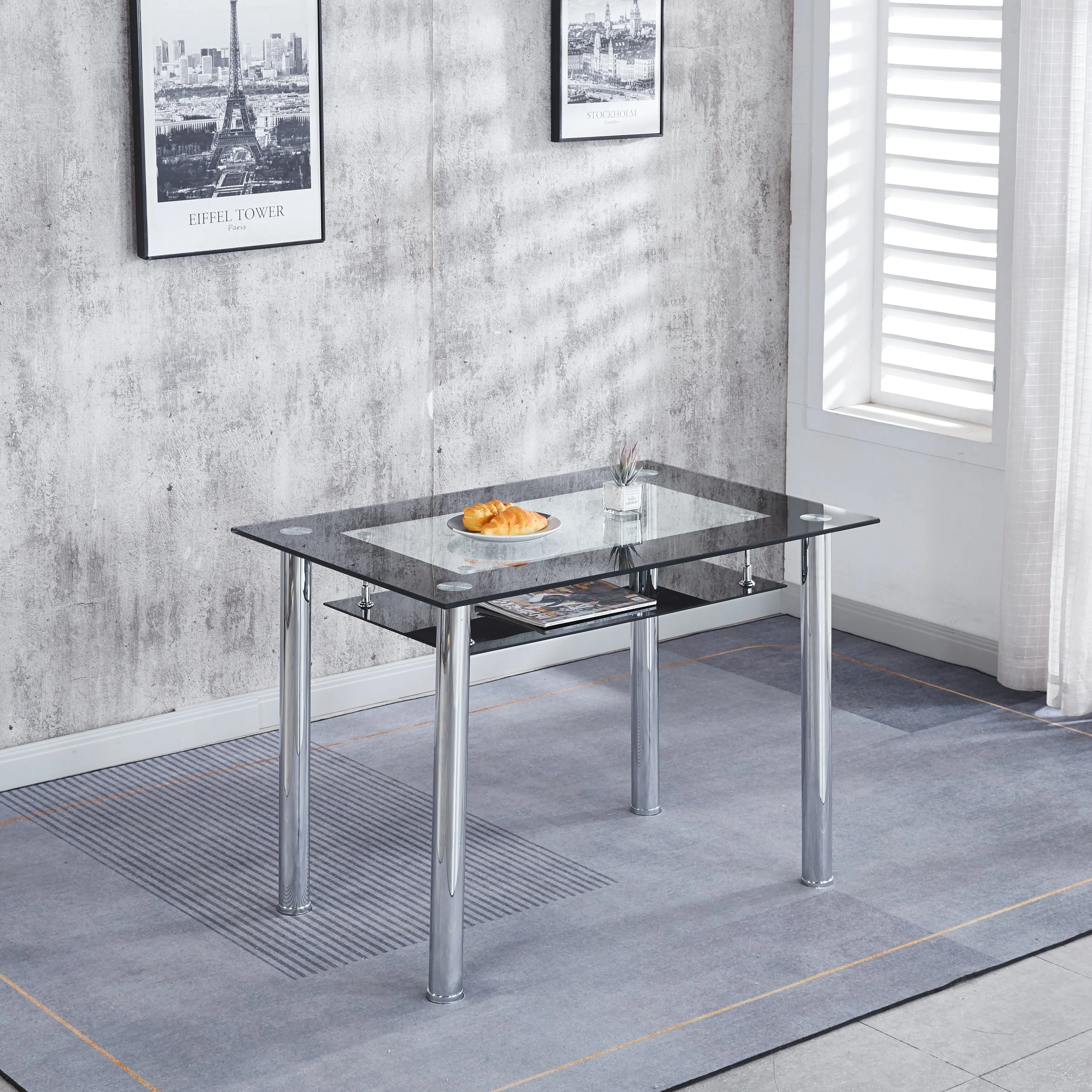 Compact Dining Table with 4 Chairs Set, Tempered Glass Table Top with Chrome Frame & Faux Leather Chairs set of 4
