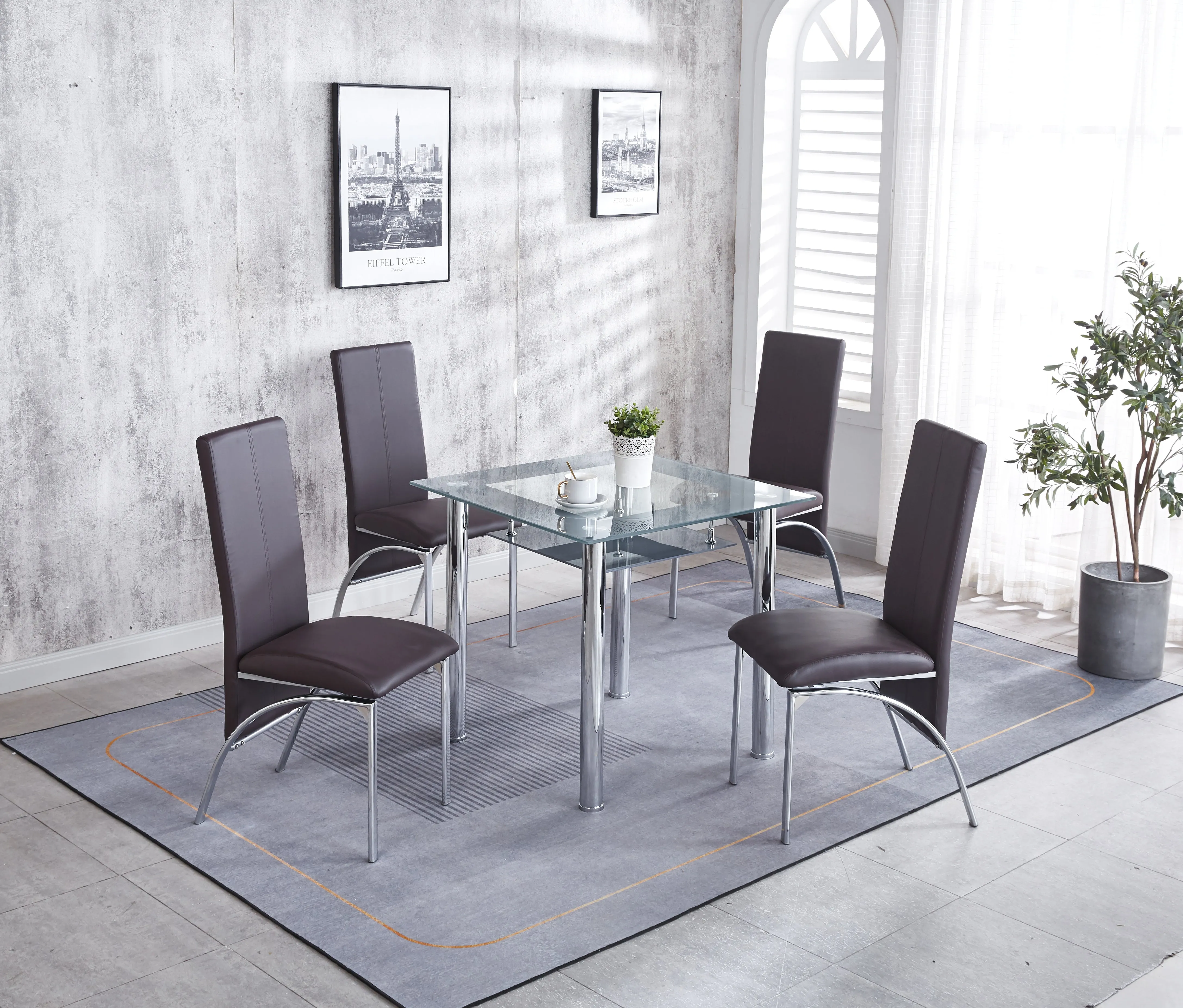 Compact Dining Table with 4 Chairs Set, Tempered Glass Table Top with Chrome Frame & Faux Leather Chairs set of 4