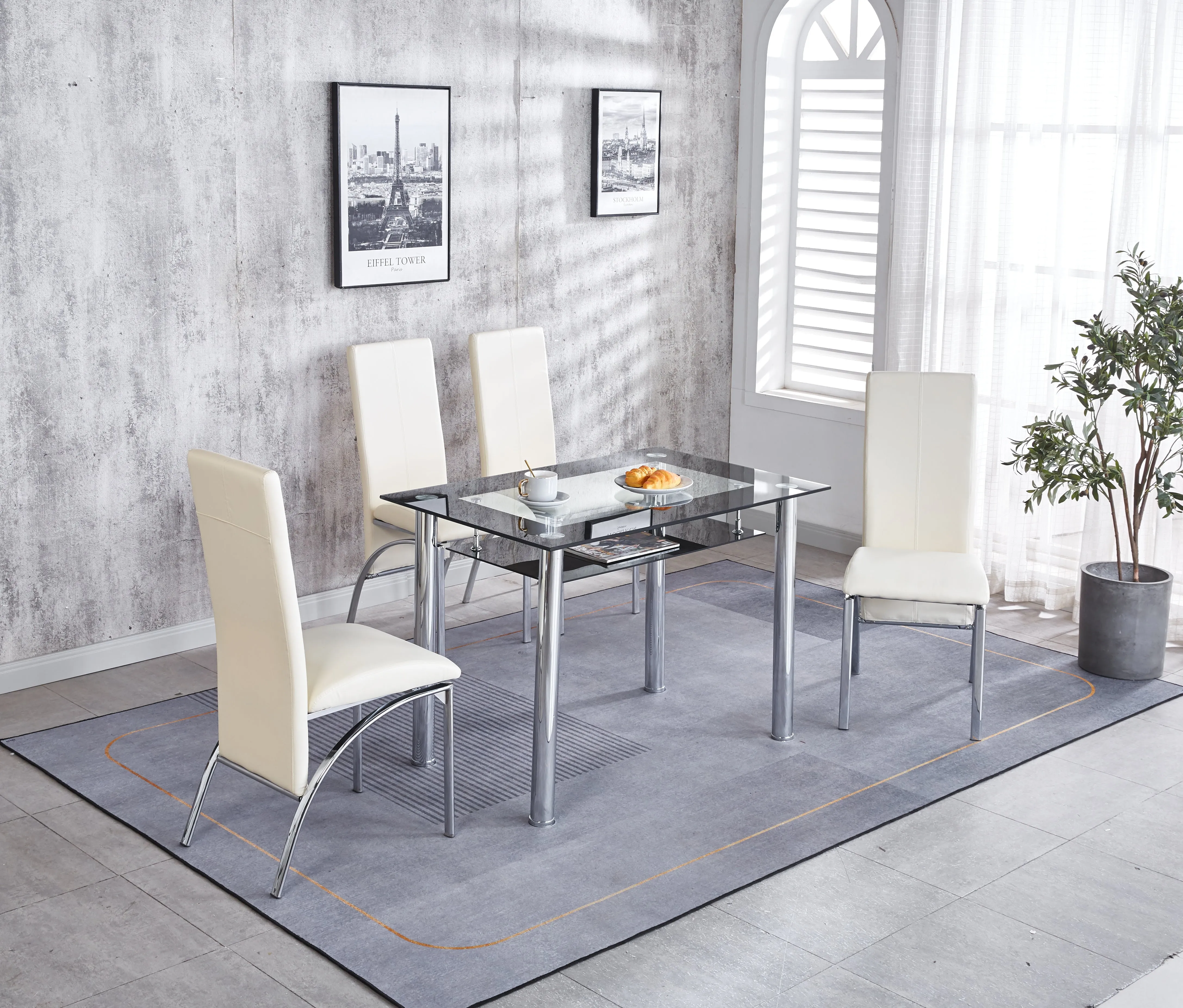 Compact Dining Table with 4 Chairs Set, Tempered Glass Table Top with Chrome Frame & Faux Leather Chairs set of 4