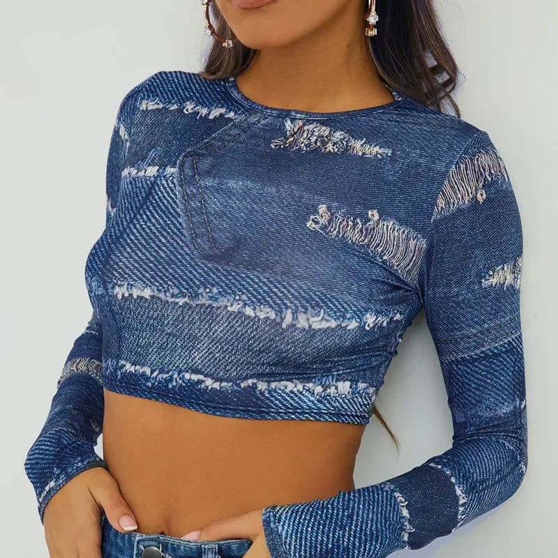 Denim Print Sexy Crop Top Dress