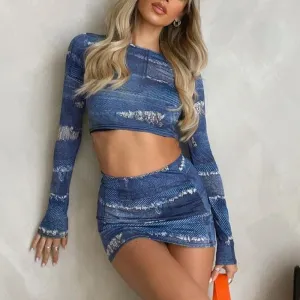 Denim Print Sexy Crop Top Dress