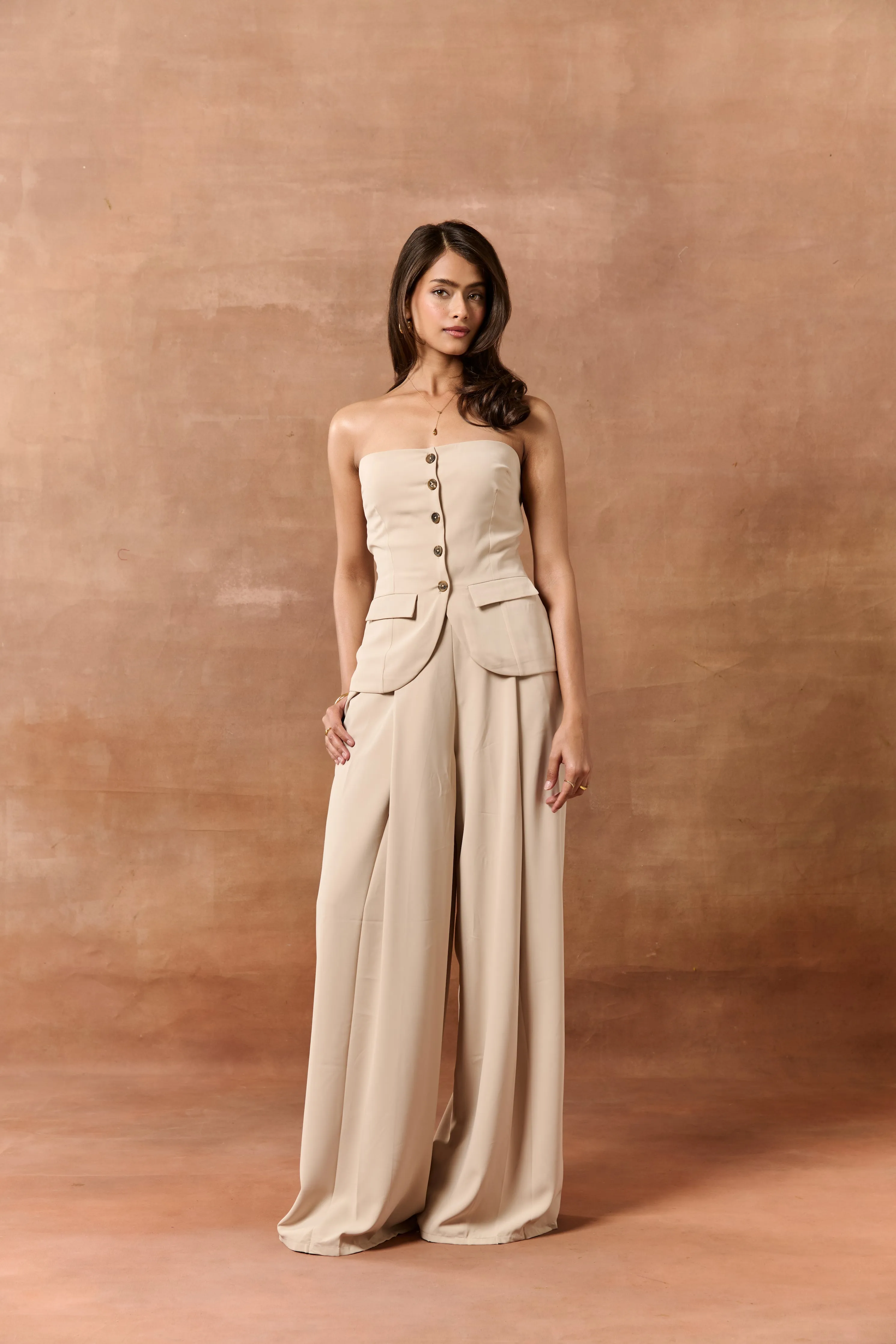 Elvita Beige High-Waisted Pants