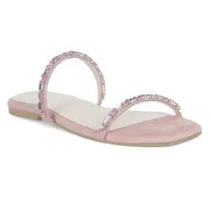 Embellished Flat Slides in Blush