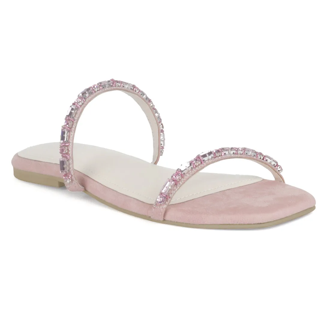 Embellished Flat Slides in Blush