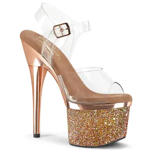 ESTEEM-708CHLG Pleaser Clear/Rose Gold Chrome-Multi Glitter Sexy Platform Shoes (Pole Dancing Heels)