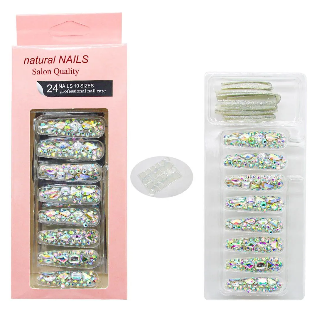 Gem Long Natural Coffin Press On Fingernails