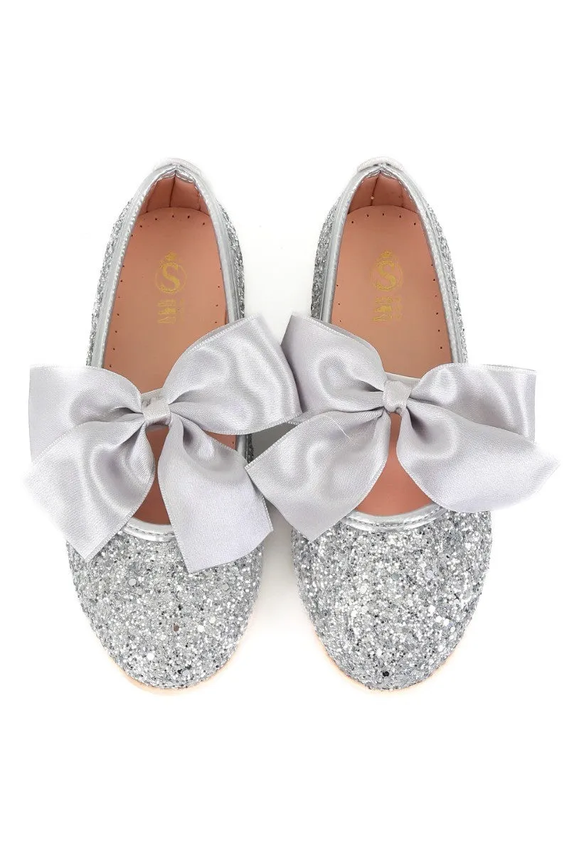 Girls Sequin Ballerina Flat Pumps - LOLA - Silver