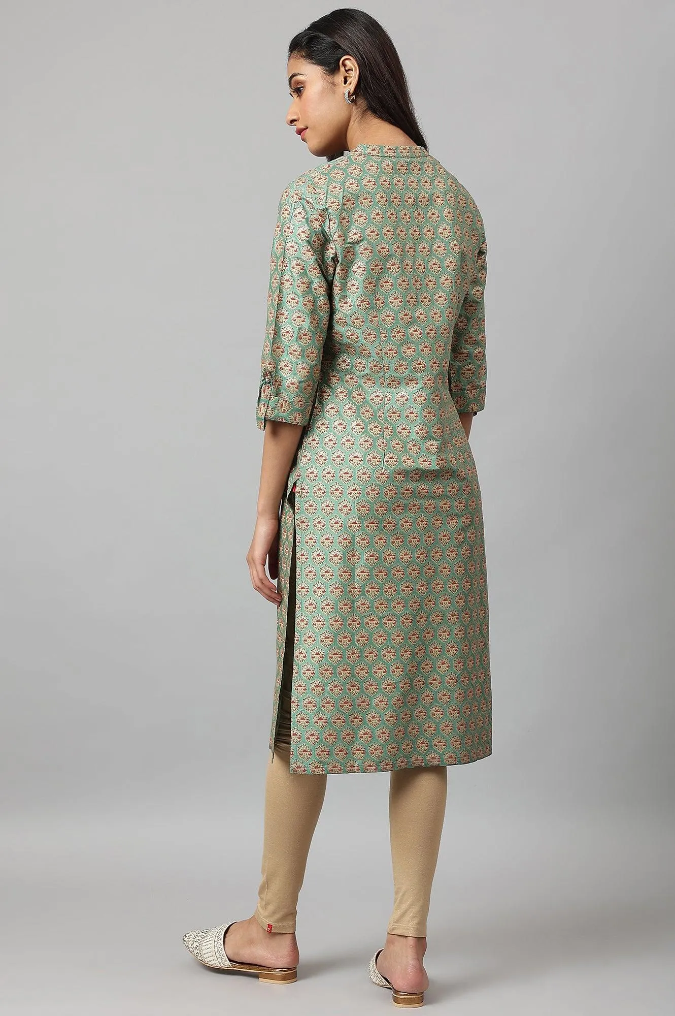 Green Glitter Printed kurta In Mandarin Collar