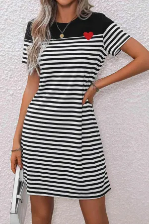 Heart Short Sleeve Striped T Shirt Dress