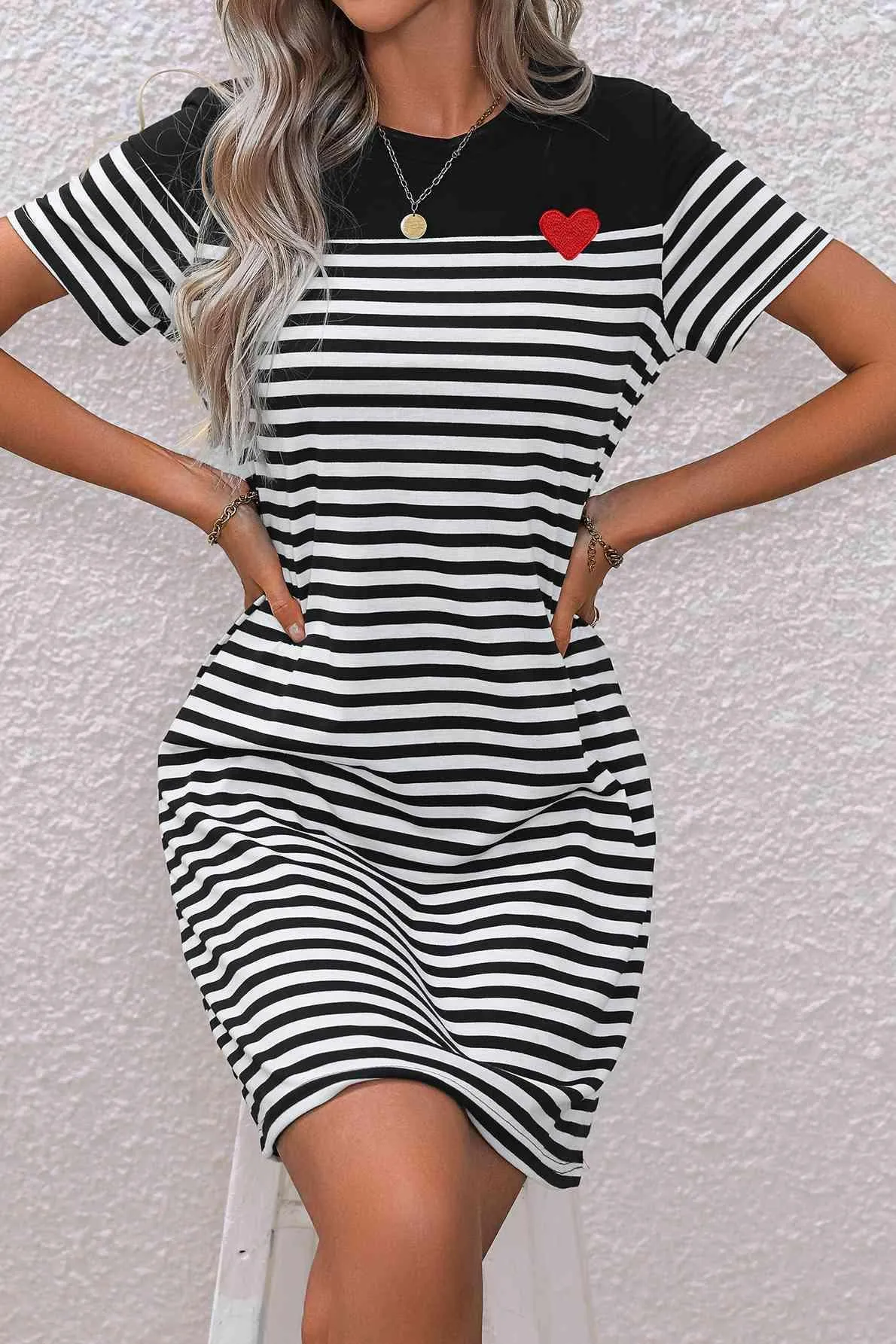 Heart Short Sleeve Striped T Shirt Dress